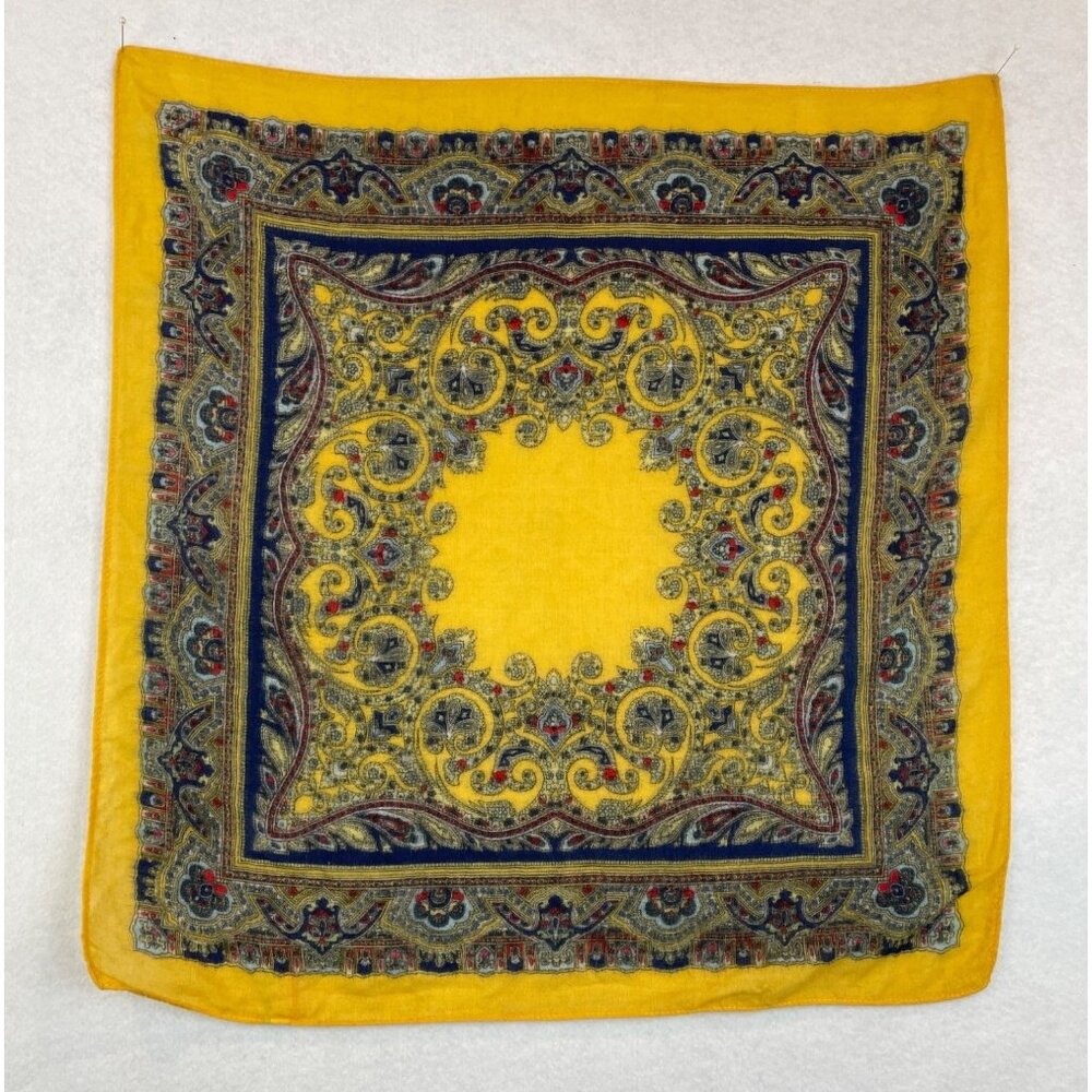 Vintage Morsly New York Wool Scarf Square Yellow Blue Paisley Floral 60's 70's